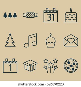 Set Of 12 Christmas Icons. Can Be Used For Web, Mobile, UI And Infographic Design. Includes Elements Such As Musical, Greeting, Box And More.