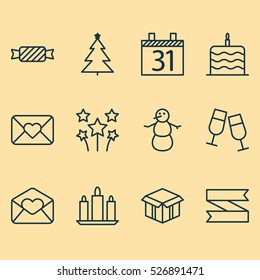 Set Of 12 Christmas Icons. Can Be Used For Web, Mobile, UI And Infographic Design. Includes Elements Such As Love, Birthday, Cake And More.