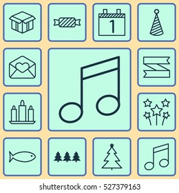 Set Of 12 Christmas Icons. Can Be Used For Web, Mobile, UI And Infographic Design. Includes Elements Such As Blank, Musical, Ribbon And More.