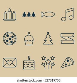 Set Of 12 Christmas Icons. Can Be Used For Web, Mobile, UI And Infographic Design. Includes Elements Such As Decorated Tree, Blank Ribbon, Fishing And More.