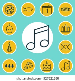 Set Of 12 Christmas Icons. Can Be Used For Web, Mobile, UI And Infographic Design. Includes Elements Such As Birthday Cake, Crotchets, Fishing And More.