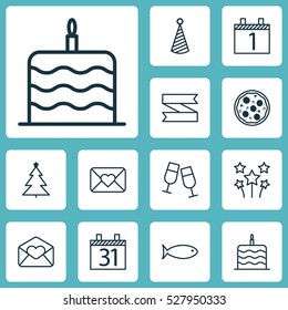 Set Of 12 Christmas Icons. Can Be Used For Web, Mobile, UI And Infographic Design. Includes Elements Such As Decorated Tree, Greeting Email, Celebration Letter And More.