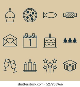 Set Of 12 Christmas Icons. Can Be Used For Web, Mobile, UI And Infographic Design. Includes Elements Such As Sweet, Open Cardboard, Champagne Glasses And More.