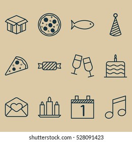 Set Of 12 Christmas Icons. Can Be Used For Web, Mobile, UI And Infographic Design. Includes Elements Such As Champagne Glasses, Sliced Pizza, Sweet And More.