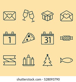 Set Of 12 Christmas Icons. Can Be Used For Web, Mobile, UI And Infographic Design. Includes Elements Such As Agenda, Celebration Letter, Date And More.
