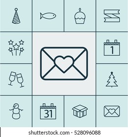 Set Of 12 Christmas Icons. Can Be Used For Web, Mobile, UI And Infographic Design. Includes Elements Such As Winter, Open Cardboard, Birthday Cake And More.