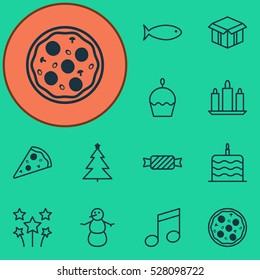 Set Of 12 Christmas Icons. Can Be Used For Web, Mobile, UI And Infographic Design. Includes Elements Such As Fishing, Festive Fireworks, Open Cardboard And More.