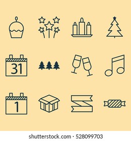 Set Of 12 Christmas Icons. Can Be Used For Web, Mobile, UI And Infographic Design. Includes Elements Such As Birthday Cake, Blank Ribbon, Agenda And More.