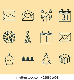 Set Of 12 Christmas Icons. Can Be Used For Web, Mobile, UI And Infographic Design. Includes Elements Such As Pizza Meal, Greeting Email, Date And More.