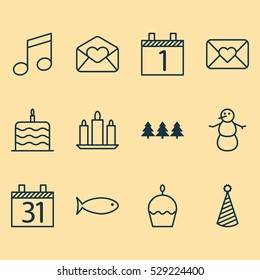 Set Of 12 Christmas Icons. Can Be Used For Web, Mobile, UI And Infographic Design. Includes Elements Such As Fishing, Date, Birthday Hat And More.