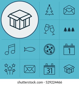 Set Of 12 Christmas Icons. Can Be Used For Web, Mobile, UI And Infographic Design. Includes Elements Such As Open Cardboard, Greeting Email, Champagne Glasses And More.