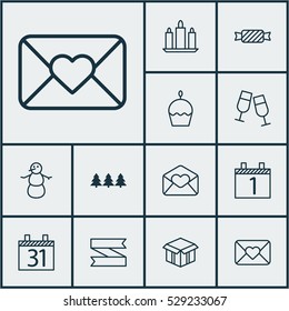 Set Of 12 Christmas Icons. Can Be Used For Web, Mobile, UI And Infographic Design. Includes Elements Such As Holiday Ornament, Champagne Glasses, Date And More.