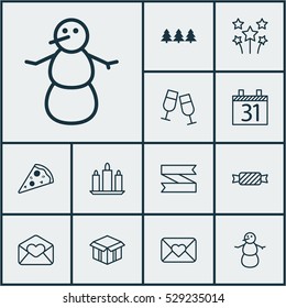 Set Of 12 Christmas Icons. Can Be Used For Web, Mobile, UI And Infographic Design. Includes Elements Such As Sweet, Open Cardboard, Celebration Letter And More.