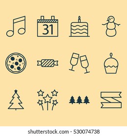 Set Of 12 Christmas Icons. Can Be Used For Web, Mobile, UI And Infographic Design. Includes Elements Such As Birthday Cake, Champagne Glasses, Crotchets And More.