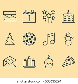 Set Of 12 Christmas Icons. Can Be Used For Web, Mobile, UI And Infographic Design. Includes Elements Such As Winter, Pizza Meal, Agenda And More.