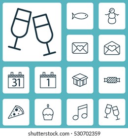 Set Of 12 Christmas Icons. Can Be Used For Web, Mobile, UI And Infographic Design. Includes Elements Such As Sweet, Champagne Glasses, Fishing And More.