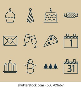 Set Of 12 Christmas Icons. Can Be Used For Web, Mobile, UI And Infographic Design. Includes Elements Such As Sliced Pizza, Wax, Sweet And More.