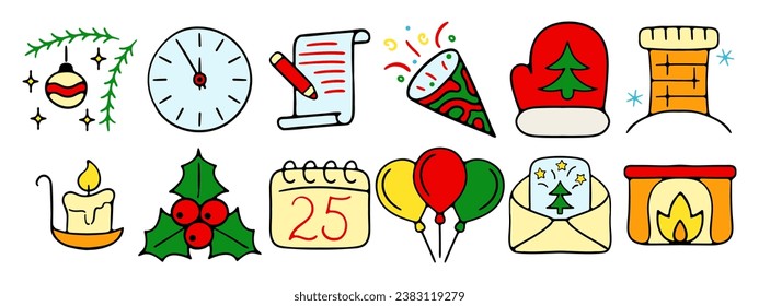 Set of 12 christmas icons. Decoration, decorate, xmas, snow, snowflake, santa, deer, new year, eve, december 25, winter, holiday atmosphere, celebrate, family celebration, traditions