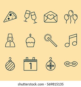 Set Of 12 Christmas Icons. Includes Champagne Glasses, Air Ball, Christmas Ball And Other Symbols. Beautiful Design Elements.