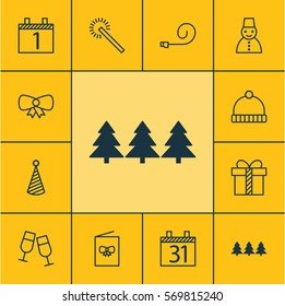 Set Of 12 Christmas Icons. Includes Birthday Hat, Knitted Cap, Snow Person And Other Symbols. Beautiful Design Elements.