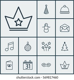 Set Of 12 Christmas Icons. Includes Knitted Cap, Crotchets, Decorated Tree And Other Symbols. Beautiful Design Elements.
