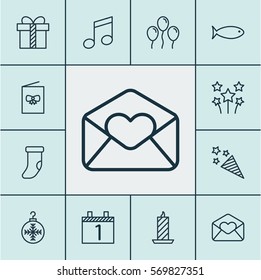 Set Of 12 Christmas Icons. Includes Festive Fireworks, Fishing, Celebration Card And Other Symbols. Beautiful Design Elements.