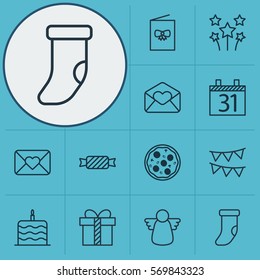Set Of 12 Christmas Icons. Includes Gift, Sweet, Celebration Cake And Other Symbols. Beautiful Design Elements.