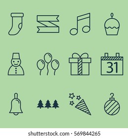 Set Of 12 Christmas Icons. Includes Firecracker, Crotchets, Blank Ribbon And Other Symbols. Beautiful Design Elements.