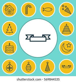 Set Of 12 Christmas Icons. Includes Firecracker, Residential, Birthday Hat And Other Symbols. Beautiful Design Elements.