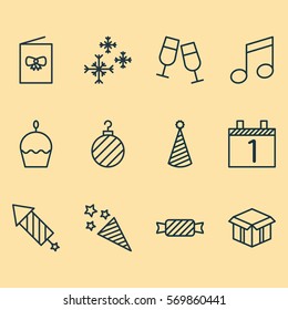 Set Of 12 Christmas Icons. Includes Crotchets, Sweet, Birthday Cake And Other Symbols. Beautiful Design Elements.