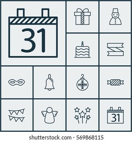 Set Of 12 Christmas Icons. Includes Carnival Face, Celebration Cake, Tree Toy And Other Symbols. Beautiful Design Elements.