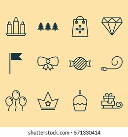 Set Of 12 Christmas Icons. Includes Trading, Flag Point, Corona And Other Symbols. Beautiful Design Elements.