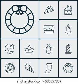 Set Of 12 Christmas Icons. Includes Firecracker, Fire Wax, Handbell Symbols. Beautiful Design Elements.