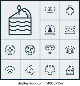 Set Of 12 Christmas Icons. Includes Butterfly Knot, Magic Sphere, Cake Piece And Other Symbols. Beautiful Design Elements.