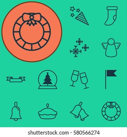 Set Of 12 Christmas Icons. Includes Flag Point, Flan, Fireplace Decoration And Other Symbols. Beautiful Design Elements.