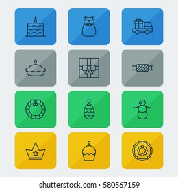 Set Of 12 Christmas Icons. Includes Sweet, Flan, Christmas Toy And Other Symbols. Beautiful Design Elements.