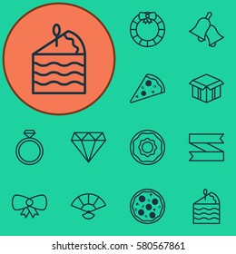Set Of 12 Christmas Icons. Includes Pizza Meal, Brilliant, Doughnut And Other Symbols. Beautiful Design Elements.