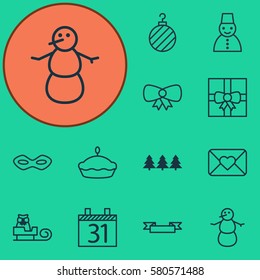 Set Of 12 Christmas Icons. Includes Carnival Face, Gift Surprise, Placard And Other Symbols. Beautiful Design Elements.
