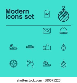 Set Of 12 Christmas Icons. Includes Knitted Cap, Celebration Card, Doughnut And Other Symbols. Beautiful Design Elements.