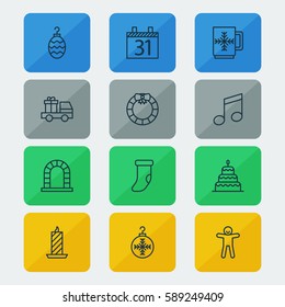 Set Of 12 Christmas Icons. Includes Arch, Garland , Date Symbols. Beautiful Design Elements.