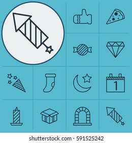 Set Of 12 Christmas Icons. Includes Fire Wax, Crescent, Toffee Candy Symbols. Beautiful Design Elements.