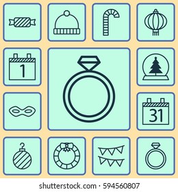 Set Of 12 Christmas Icons. Includes Lollipop, Garland , Traditional Lamp Symbols. Beautiful Design Elements.