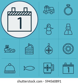 Set Of 12 Christmas Icons. Includes Snow Person, Lorry Birthday, Tree Toy And Other Symbols. Beautiful Design Elements.