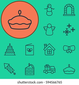 Set Of 12 Christmas Icons. Includes Butterfly Knot, Lorry Birthday, Celebration Card And Other Symbols. Beautiful Design Elements.