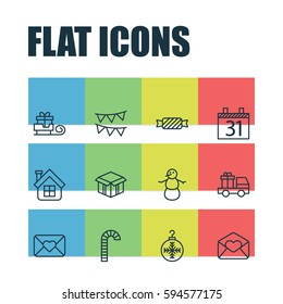Set Of 12 Christmas Icons. Includes Winter, Residential, Greeting Email And Other Symbols. Beautiful Design Elements.