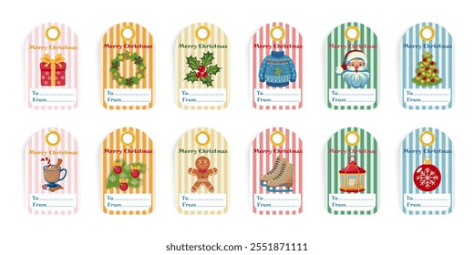 Set of 12 Christmas and New Year gift tags with festive illustration on striped background. With blank To and From sections for personalization. Christmas design template for card and label.