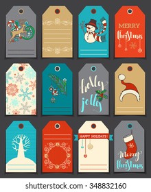 Set of 12 Christmas and New Year cute gift tags. Vector hand-drawn illustration. There is place for your text. 