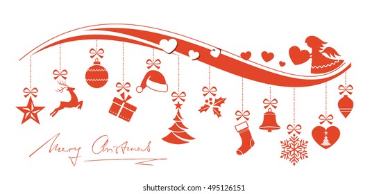 Set of 12 Christmas ornaments hanging from a wavy border decorated with an angel, hearts and handwritten Merry Christmas underneath.