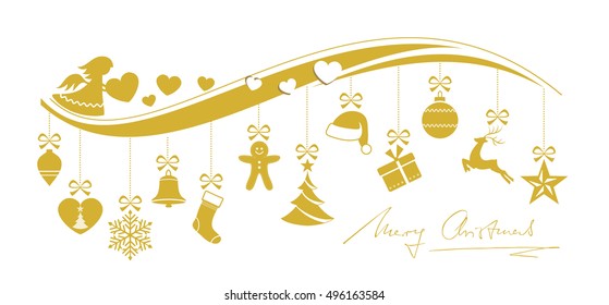 Set of 12 Christmas ornaments hanging from a wavy border decorated with an angel, hearts and handwritten Merry Christmas underneath.