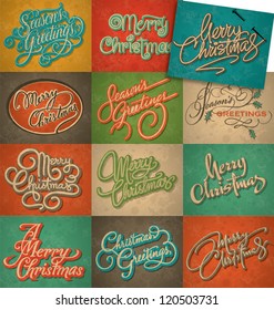 set of 12 Christmas retro cards, vector; all texts are hand-lettered - handmade calligraphy; grunge effect in separate layer;